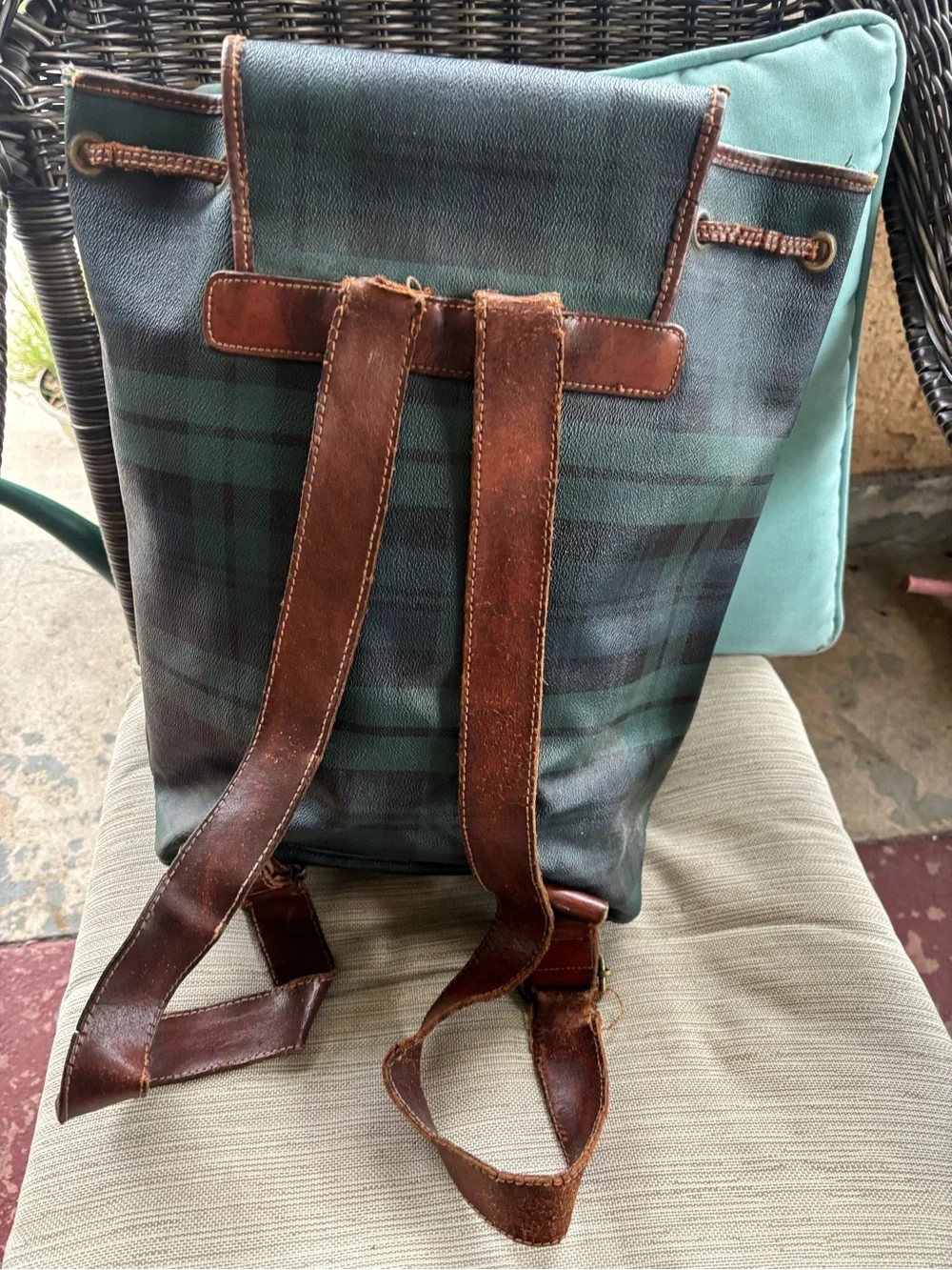 Polo by Ralph Lauren Green Plaid Canvas Backpack with Brown Leather Trim